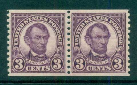 USA-1923-29-Sc600-3c-Lincoln-Coil-Perf-10-vert-Rotary-pr-MLH-lot68074