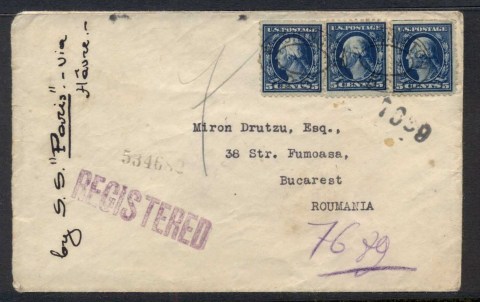 USA-1923-3x-5c-Washington-on-Registered-cover-to-Romania