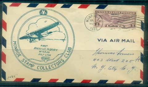 USA-1932-5c-Airmail-Winged-Globe-Monroe-Stamp-Collectors-Flight-Cover