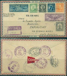 USA-1932-5c-Airmail-Winged-Globe-mixed-franking-14c-Indian-Airmail-Flight-cover-to-Paraguay