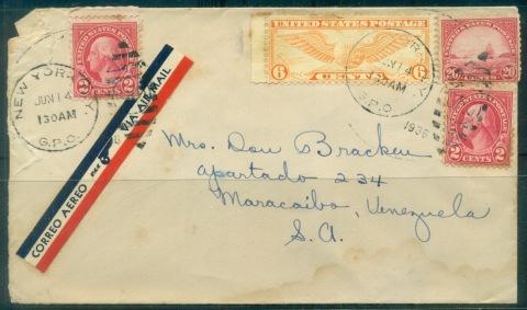 USA-1936-6c-Airmail-Winged-Globe-NY-to-Venezuela-faults