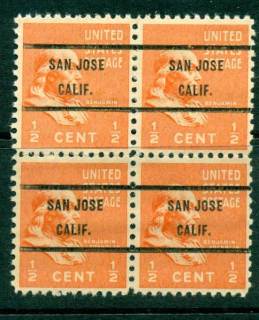 USA-1938-54-Precancel-California-San-Jose-1-2c-Blk-4-FU-lot22797