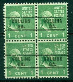 USA-1938-54-Precancel-Georgia-Collins-1c-Blk-4-FU-lot22679