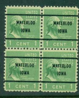 USA-1938-54-Precancel-Iowa-Waterloo-1c-Blk-4-FU-lot23003