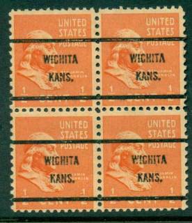 USA-1938-54-Precancel-Kansas-Wichita-1-2c-Blk-4-FU-lot23007