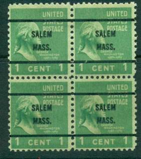 USA-1938-54-Precancel-Massachusetts-Salem-1c-Blk-4-FU-lot23020