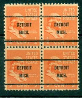 USA-1938-54-Precancel-Michigan-Detroit-1-2c-Blk-4-FU-lot23022