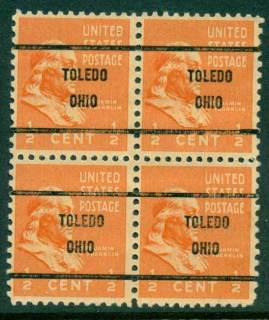 USA-1938-54-Precancel-Ohio-Toledo-1-2c-Blk-4-FU-lot23109