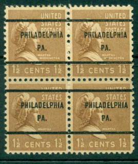 USA-1938-54-Precancel-Pennsylvania-Philadelphia-1-1-2c-Blk-4-FU-lot23131