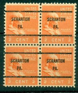 USA-1938-54-Precancel-Pennsylvania-Scranton-1-2c-Blk-4-FU-lot23136