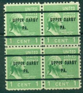 USA-1938-54-Precancel-Pennsylvania-Upper-Darby-1c-Blk-4-FU-lot23137