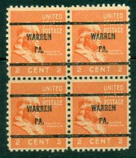 USA-1938-54-Precancel-Pennsylvania-Warren-1-2c-Blk-4-FU-lot23139