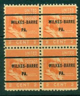 USA-1938-54-Precancel-Pennsylvania-Wilkes-Barre-1-2c-Blk-4-FU-lot23141