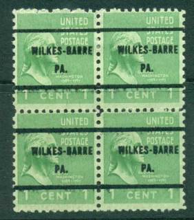 USA-1938-54-Precancel-Pennsylvania-Wilkes-Barre-1c-Blk-4-FU-lot23142