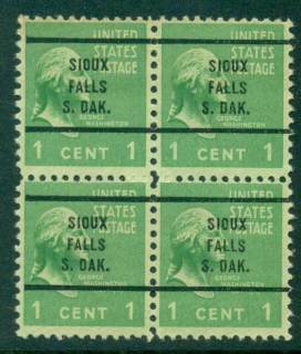 USA-1938-54-Precancel-South-Dakota-Sioux-Falls-1c-Blk-4-FU-lot23146