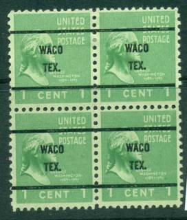 USA-1938-54-Precancel-Texas-Waco-1c-Blk-4-FU-lot23178