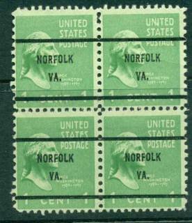 USA-1938-54-Precancel-Virginia-Norfolk-1c-Blk-4-FU-lot23181