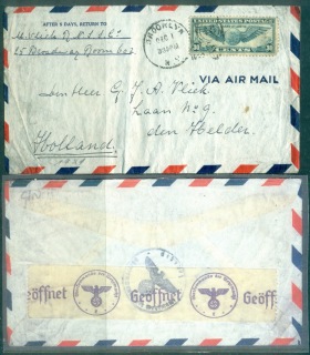 USA-1939-30c-Winged-Globe-Censored-Airmail-to-Holland-cover