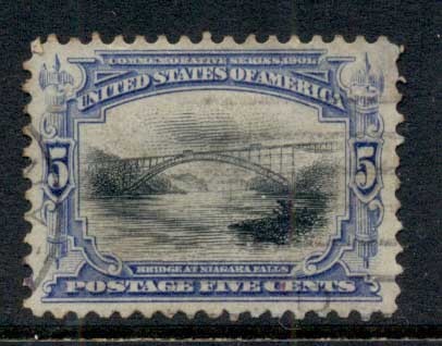 USA-1901-Sc297-Pan-American-Exposition-5c-Bridge-at-Niagara-Falls-thin-FU