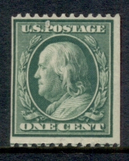 USA-1908-10-Sc348-1c-green-Franklin-Perf-12-Horiz-Wmk-D-L-MLH