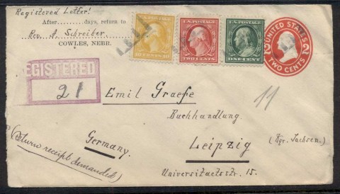 USA-1911-Washington-Franklin-uprated-PS-cover-Registered-to-Leipzig