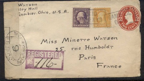 USA-1916-Washington-Franklin-uprated-PS-cover-Registered-to-France