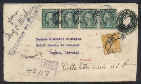 USA-1917-Uprated-Washington-Franklin-Registered-cover-to-France