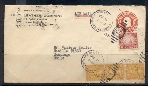 USA-1922-38-Fourth-Bureau-Uprated-PSE-Lilly-Leather-CC-New-York-Air-Mail-to-Chile-cover