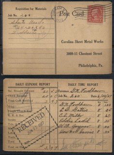 USA-1922-38-Fourth-Bureau-Washington-2c-Durham-1927-Carolina-Sheet-Metal-Works-Requisition-card