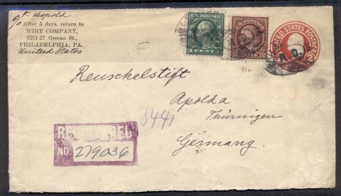 USA-1922-Washington-Franklin-uprated-PS-cover-Registered-to-Germany