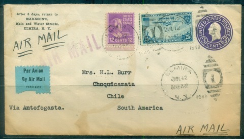 USA-1940-25c-China-Clipper-mixed-franking-Airmail-NY-to-Chile-faults