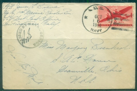 USA-1943-6c-Airmail-Marine-Raider-bn-Passed-Censor-to-Ohio-cover