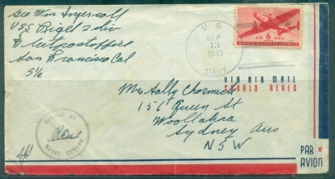 USA-1943-6c-Airmail-Naval-Censor-to-Sydney-Australia-cover