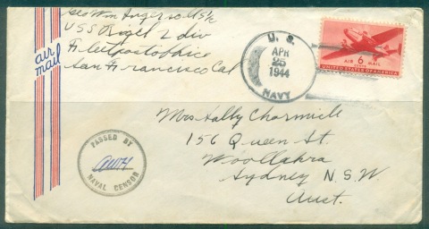 USA-1944-6c-Airmail-Naval-Censor-to-Sydney-Australia-cover