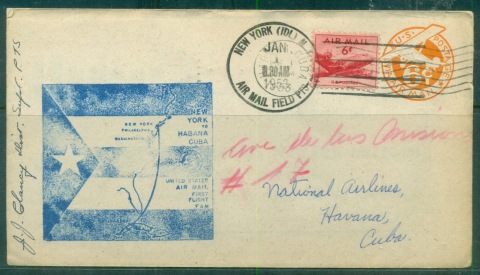 USA-1945-Uprated-6c-Airmail-PS-First-Flight-NY-to-Habana-cover