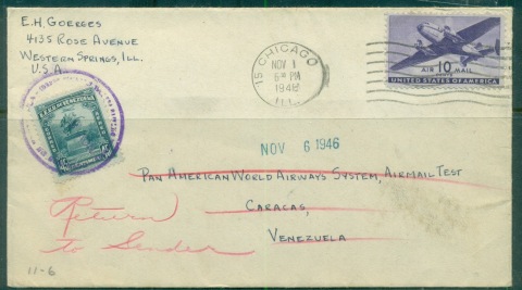 USA-1946-10c-Airmail-Chicago-to-Caracas