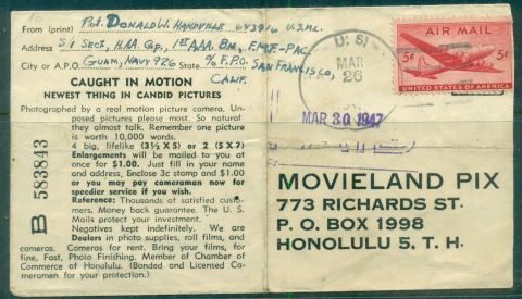 USA-1947-5c-Airmail-Movieland-Pix-printed-reply-envelope-cover