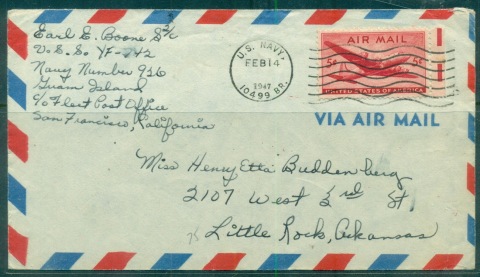 USA-1947-5c-Airmail-USS-ex-Guam-to-Arkansas-cover