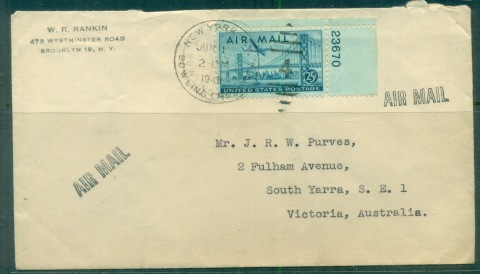 USA-1948-25c-Airmail-NY-to-Australia-cover