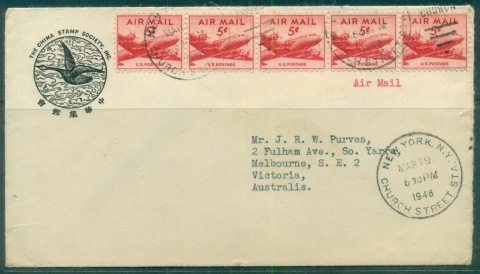 USA-1948-5c-Airmail-str-5-China-Stamp-Society-cachet-to-Australia-cover