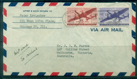 USA-1949-15c-Airmail-New-York-to-Melbourne-Australia