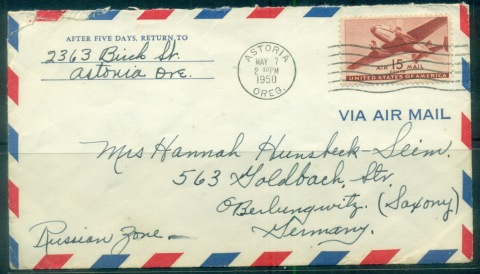 USA-1950-15c-Airmail-Oregon-to-Germany