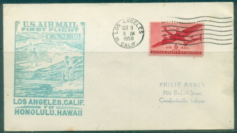 USA-1950-6c-Airmail-First-Flight-Los-Angeles-to-Honolulu-cover