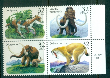 USA-1996-Sc3077-80-Prehistoric-Animals-Blk-4-MUH-lot55666