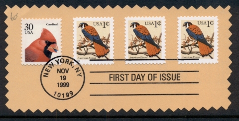 USA-1999-Kestrel-Cardinal-birds-on-piece-FDI