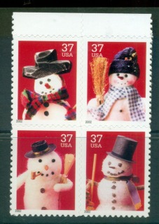 USA-2002-Sc3676-79-Xmas-Snowmen-Die-cut-11-Blk-4-MUH-lot53847