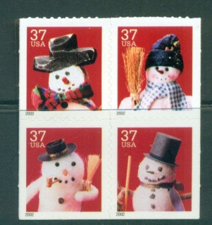 USA-2002-Sc3688-91-Xmas-Snowmen-small-size-ex-bookletDie-cut-11-Blk-4-MUH-lot53848