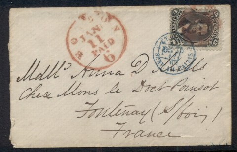 USA-1869-Jan-11-cover-to-France-with-15c-black-Lincoln-by-red-cork-cancel-Calais-transit-datestamp-in-blue