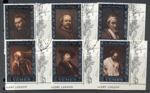 Yemen-Kingdom-1967-Mi284A-289A-Stamp-Ex-AMPHILEX-Rembrandt-Paintings-silver-frame-CTO