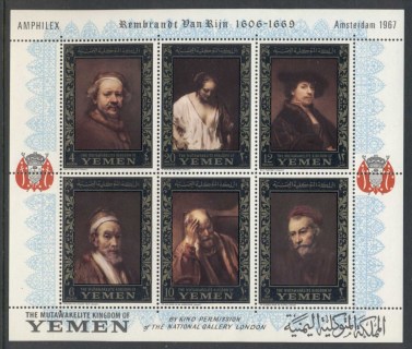 Yemen-Kingdom-1967-MiMS37A-Stamp-Ex-AMPHILEX-Rembrandt-Paintings-gold-frame-MS-MLH